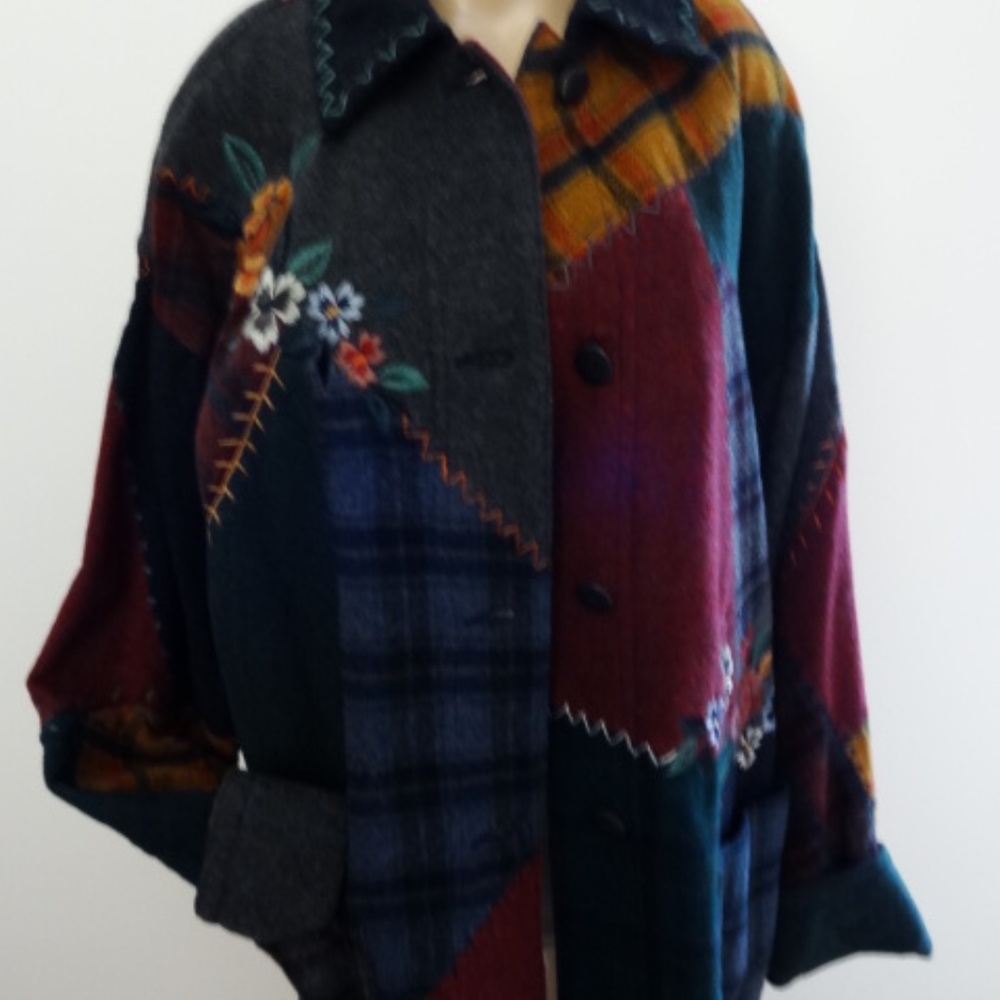 Vintage 80s Mid Length Coat Patchwork Embroided - image 4